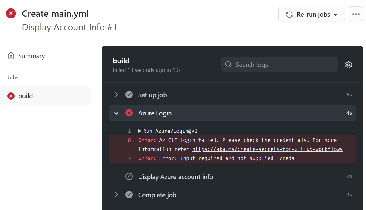 Failed pipeline run due to missing credentials