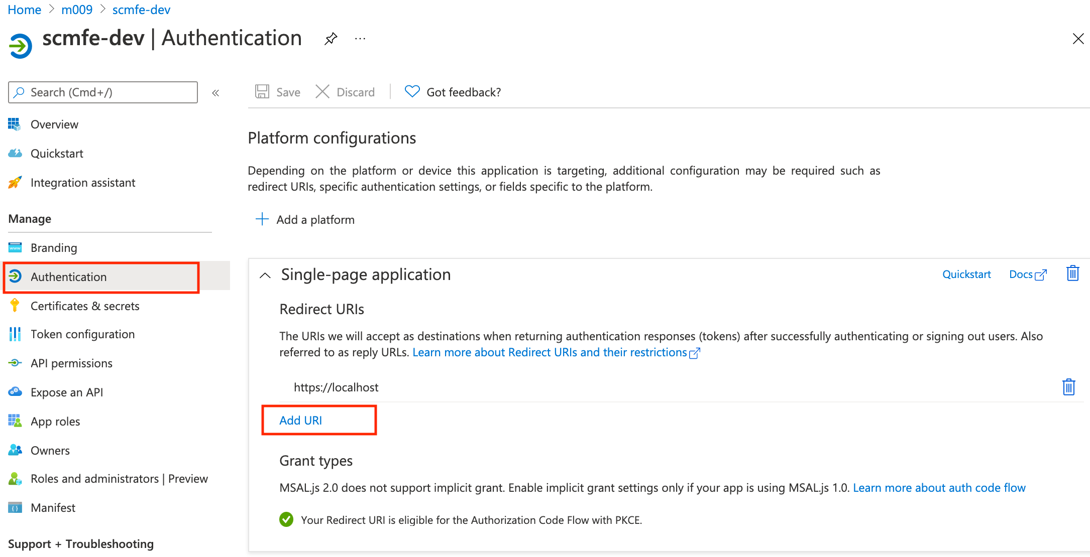 Azure AD adjust Redirect URIs