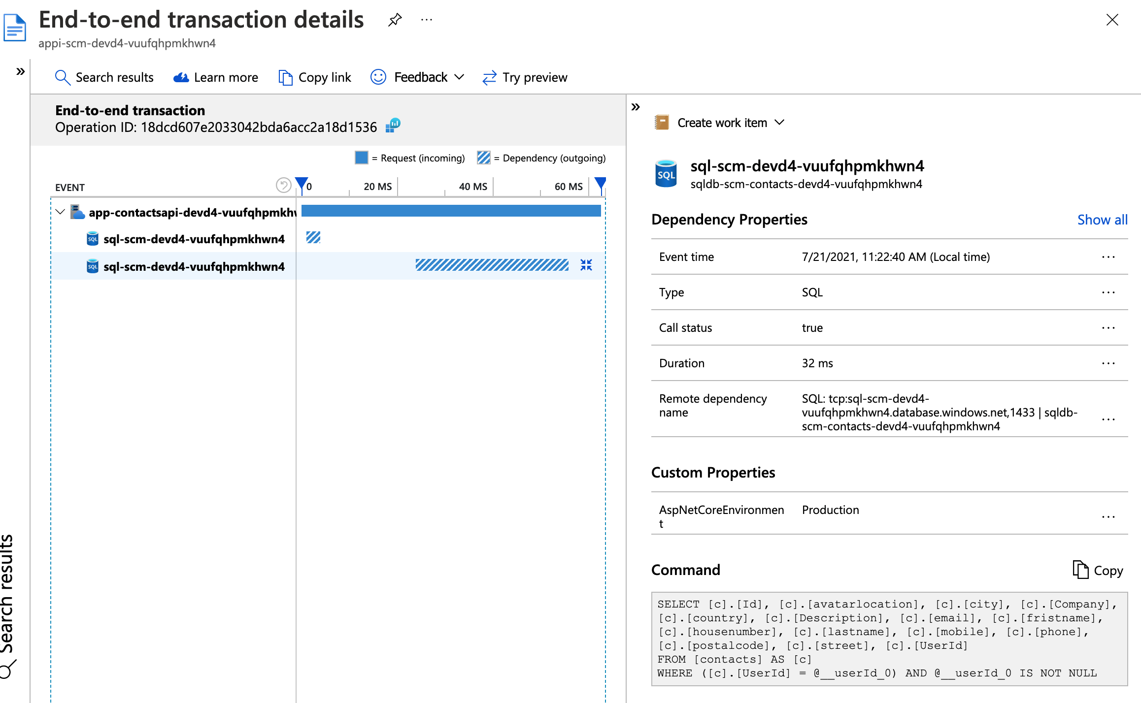 ApplicationInsights operation dependencies