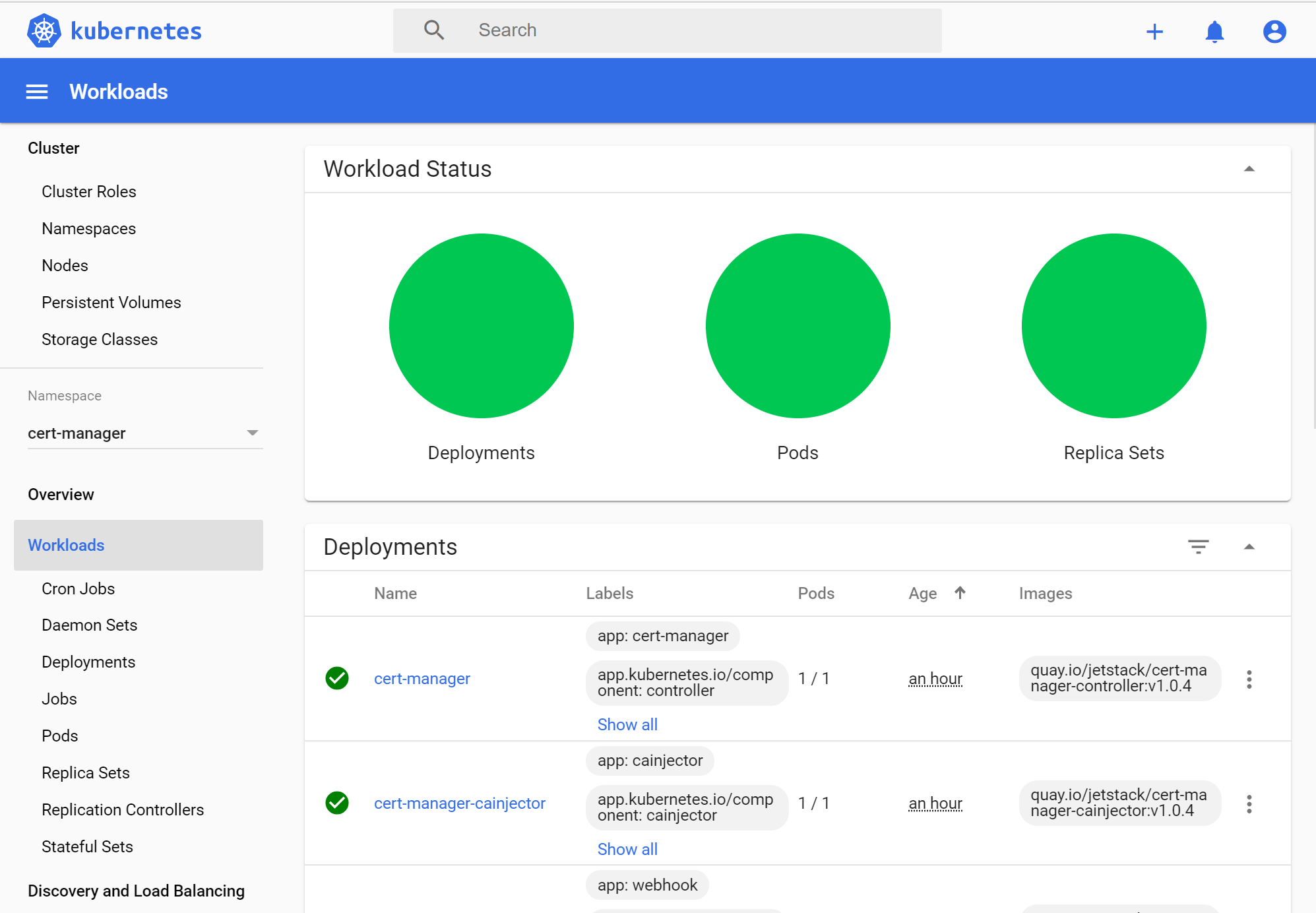 cert-manager namespace on the kubernetes dashboard