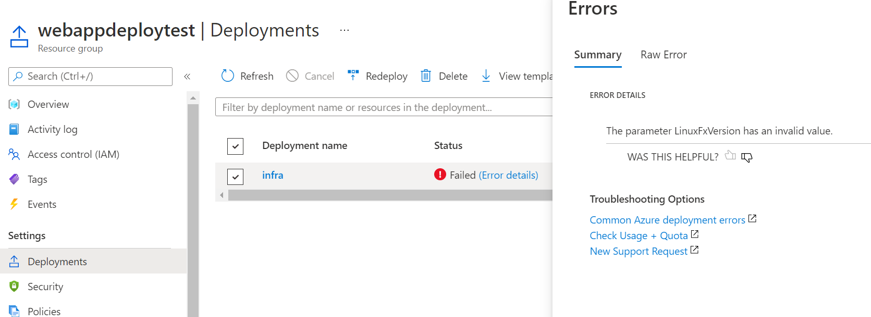 Resource group deployment error detail on Azure Portal