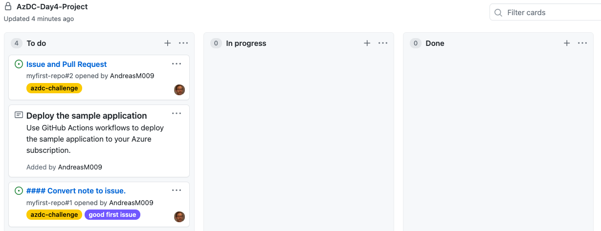 GitHub board overview