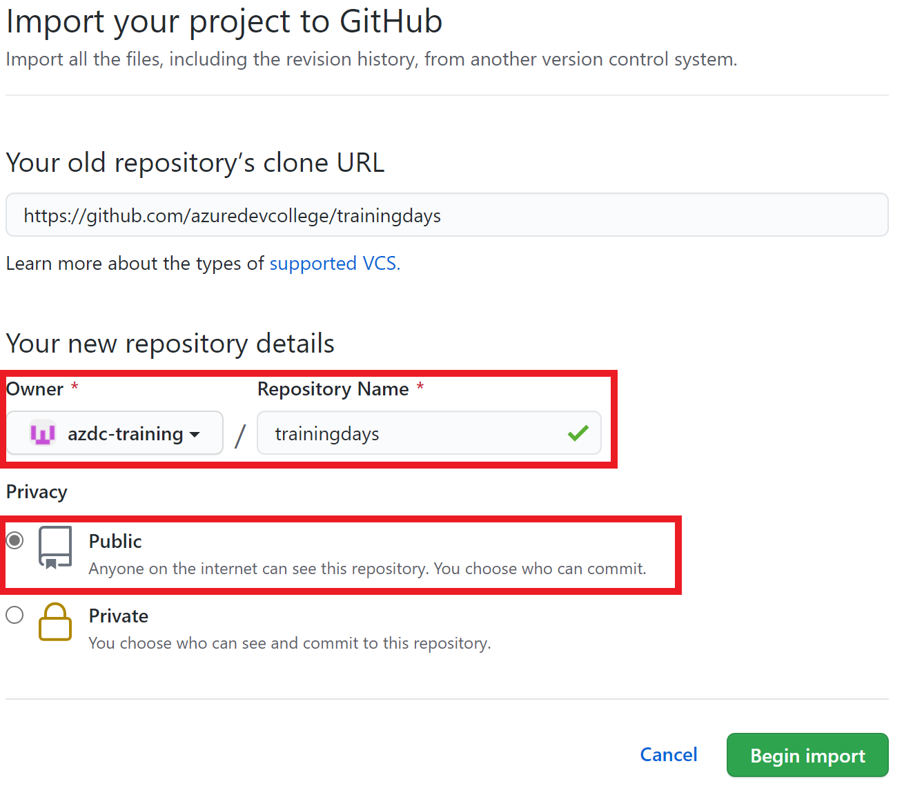 GitHub import repository view