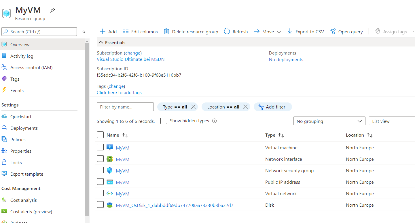 MyVM in Azure Portal