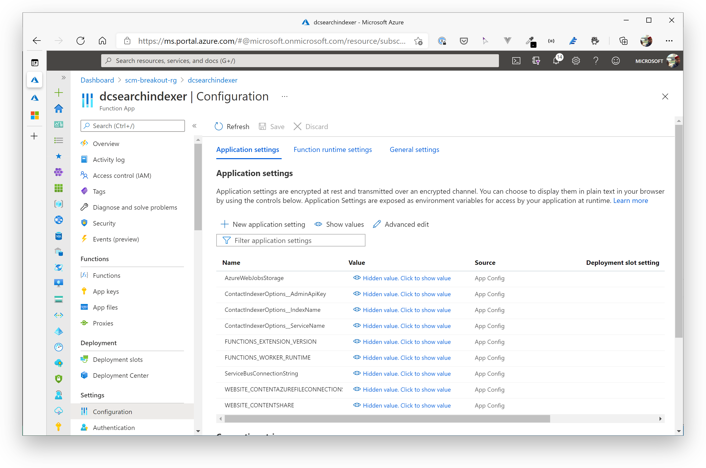 Search Indexer Function Configuration Settings