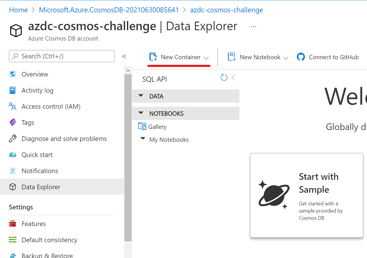 Create a new container in the data explorer