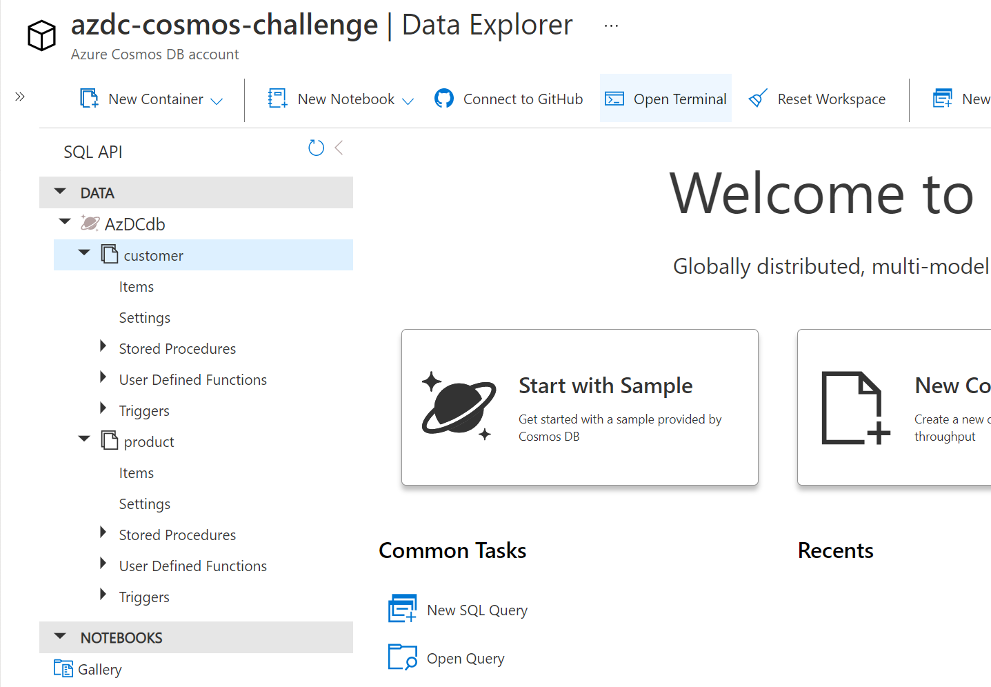 Create a new container in the data explorer