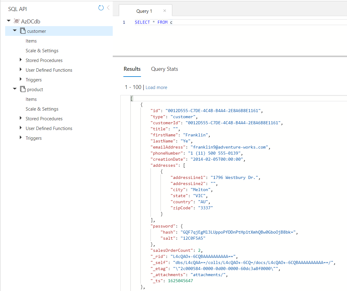 Results of a SQL query in Data Explorer