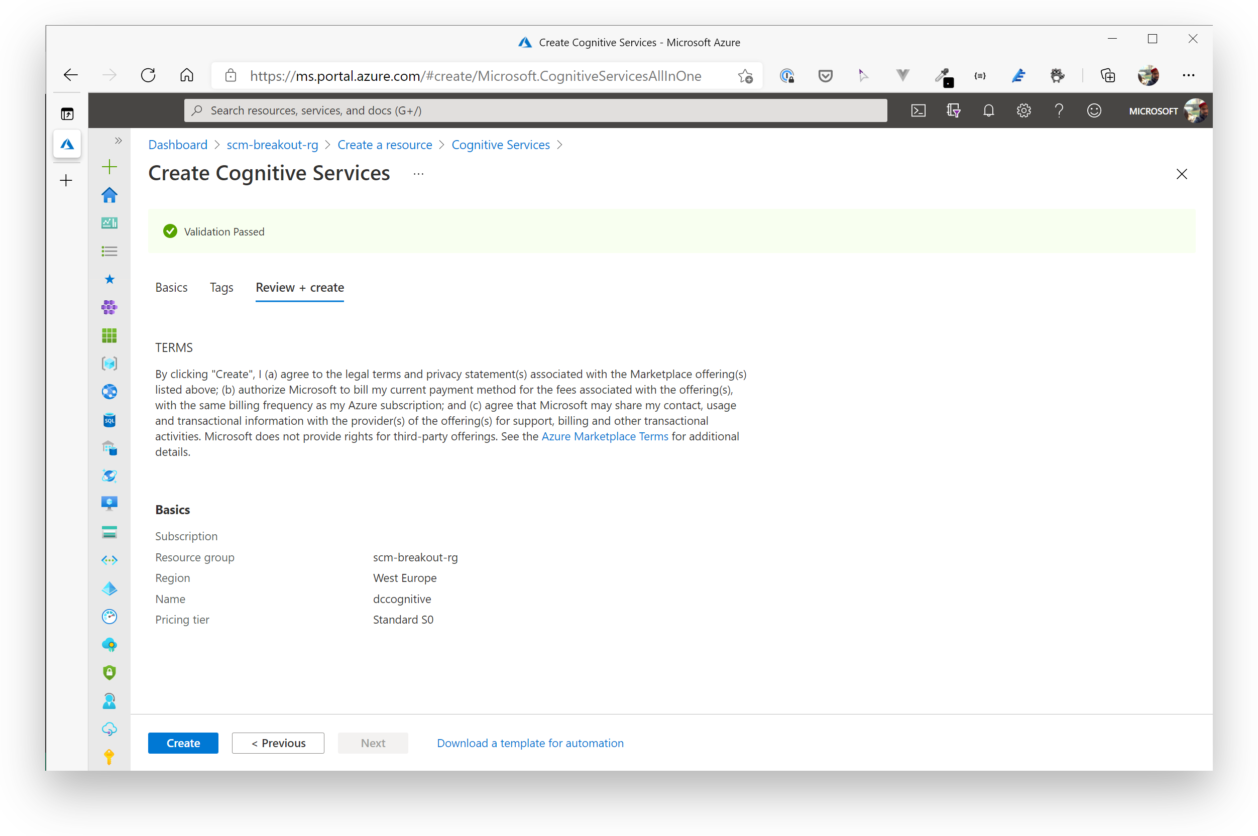 Azure Congitive Services Account