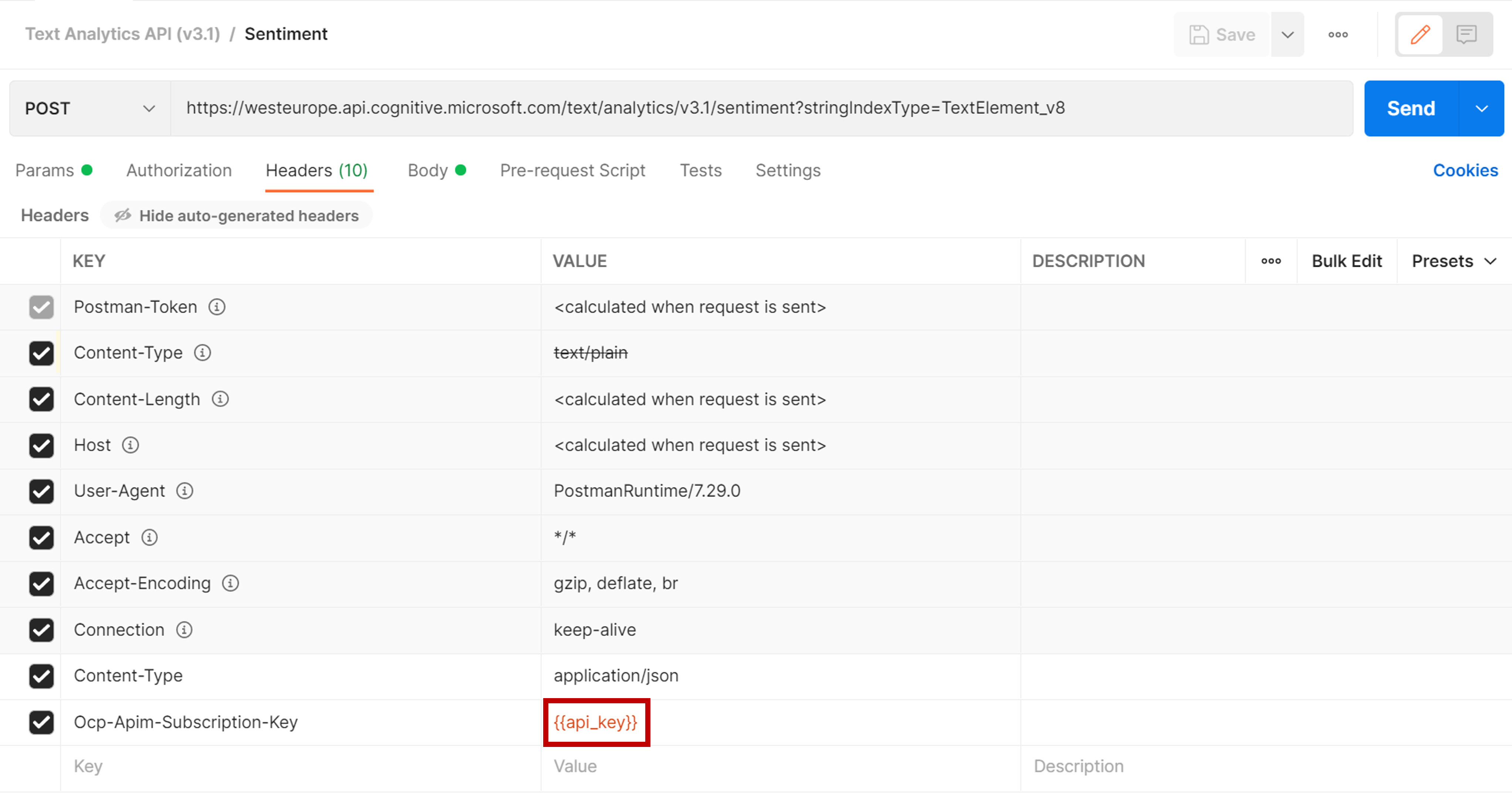 Screenshot of the Postman application showing Sentiment request and its Headers, highlighting the Ocp-Apim-Subscription-Key.