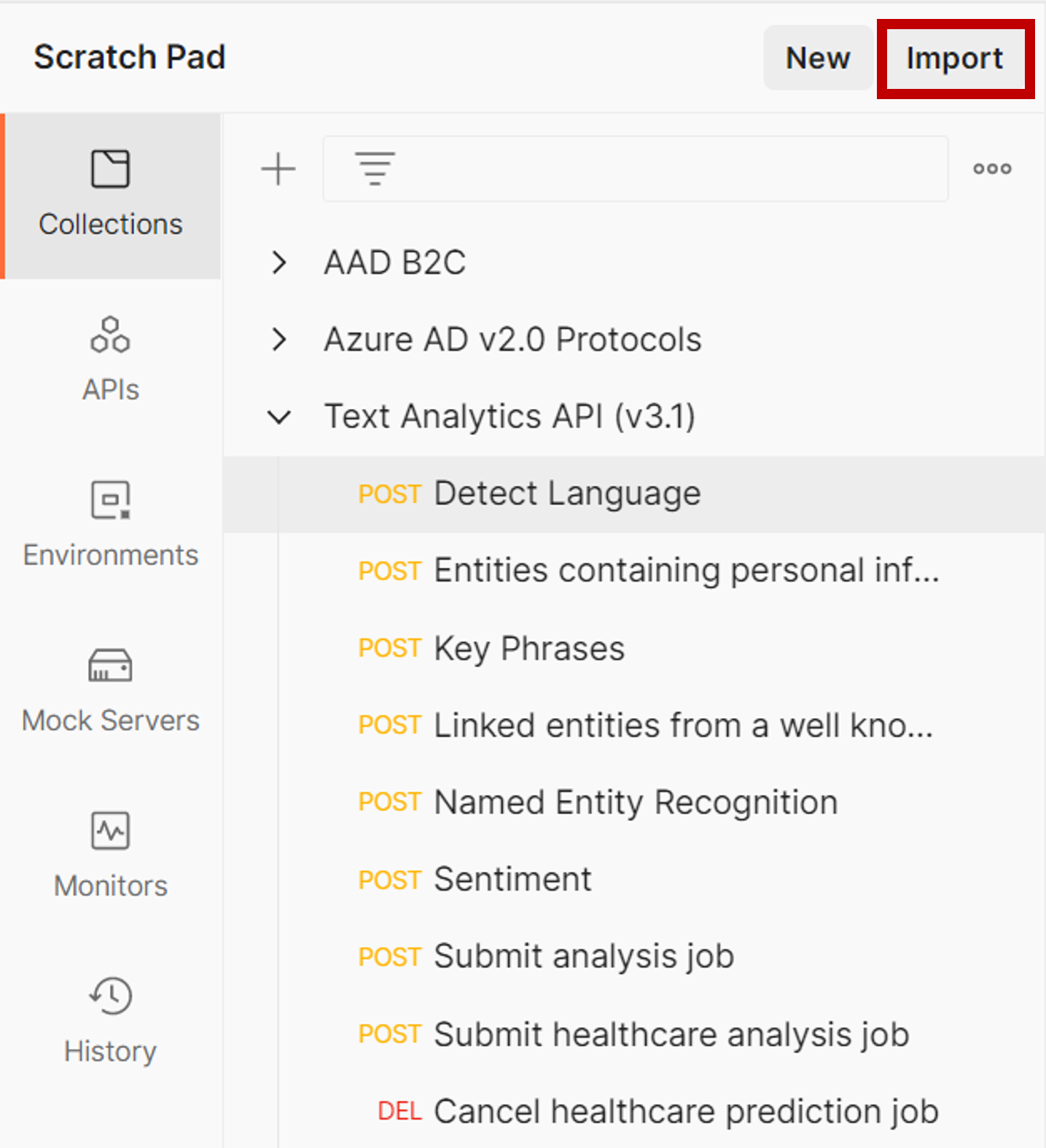 Screenshot of the Postman application showing the Collections tab and highlighting the Import button.