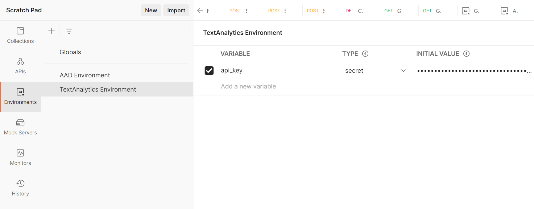 Screenshot of the Postman application showing the environment tab and the created api_key variable.