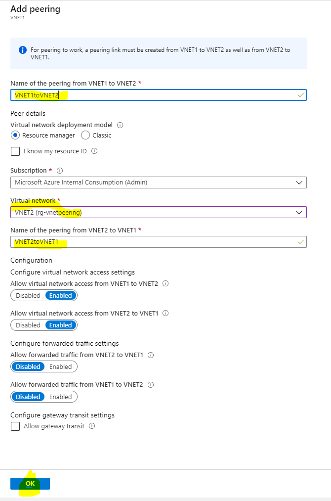 VNET Peering settings